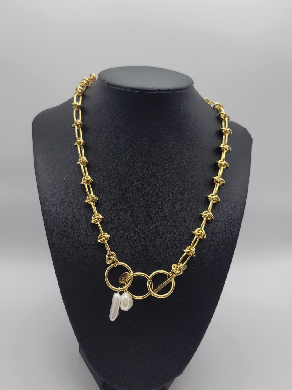Gold Tone Knot Link Necklace with Pearl Drops